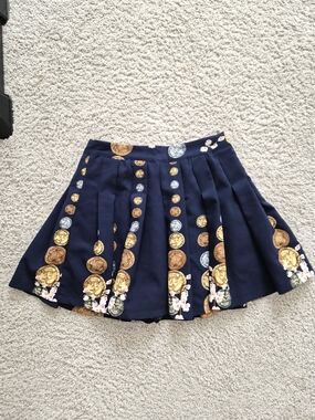 Zara Navy Pleated Skater Skirt with Gold & Silver Coin Print